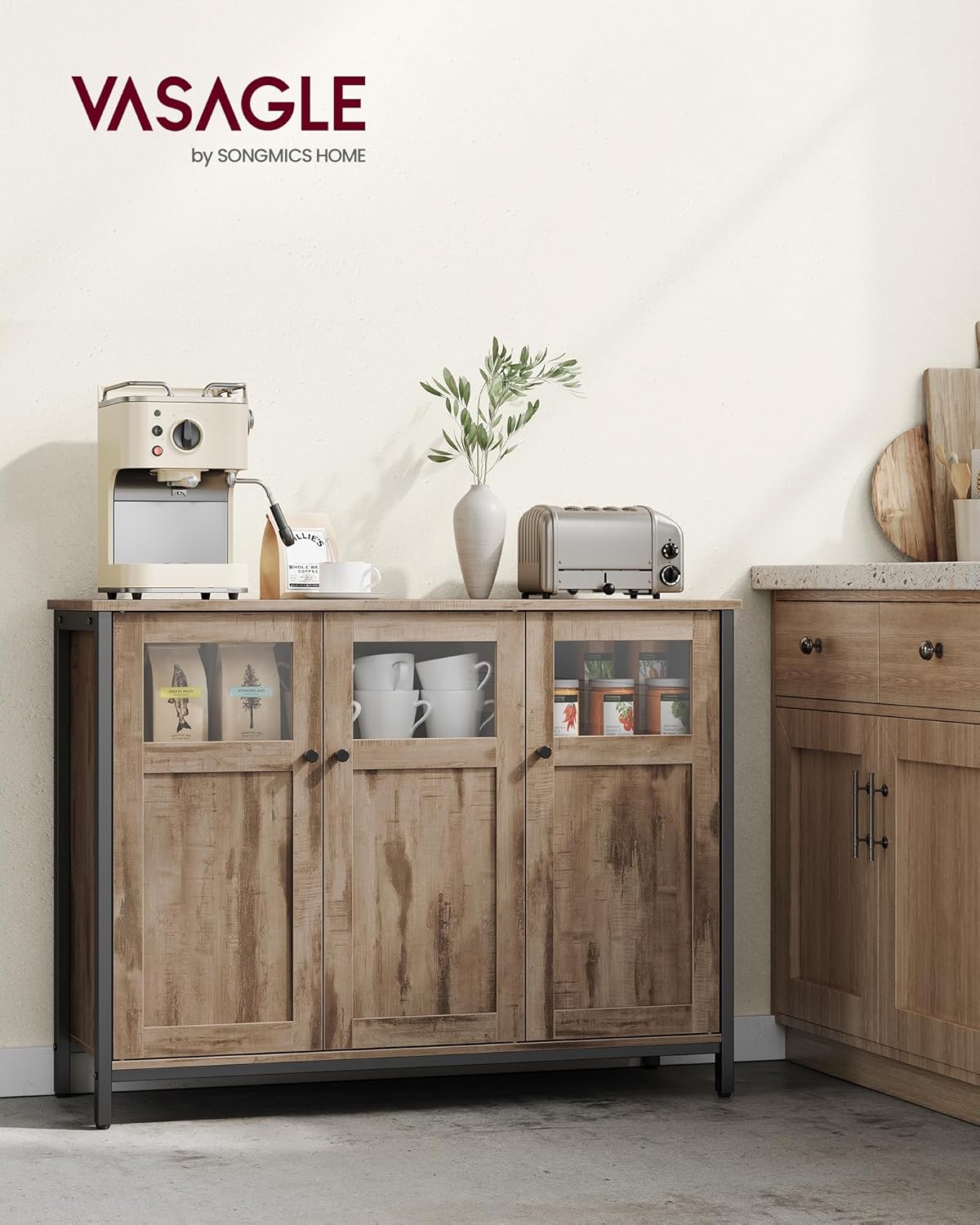 Industrial Sideboard Storage Cabinet with 3 Doors, Buffet Cabinet with Adjustable Shelves, Kitchen Storage Cabinet for Dining Room, Living Room and Entryway Camel Brown and Ink Black LSC099K02