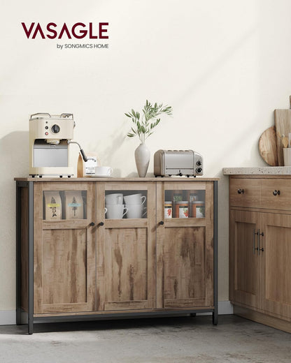 Industrial Sideboard Storage Cabinet with 3 Doors, Buffet Cabinet with Adjustable Shelves, Kitchen Storage Cabinet for Dining Room, Living Room and Entryway Camel Brown and Ink Black LSC099K02