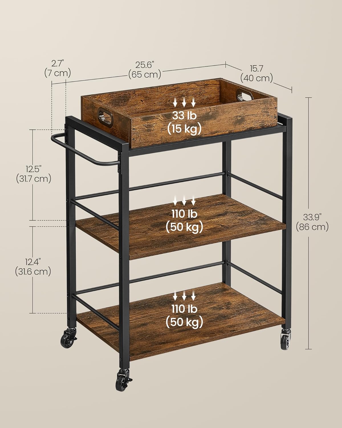Kitchen Serving Cart with Removable Tray, 3 Tier Rolling Kitchen Cart with Storage Shelves, Utility Cart on Wheels for Kitchen, Dining Room and Bar Rustic Brown and Black LRC72X