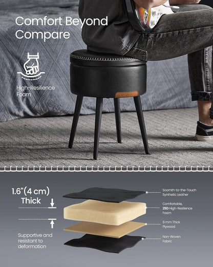Storage Ottoman Stool with Hidden Storage, Round Vanity Chair, Foot Rest and Side Table with Synthetic Leather Seat Ink Black LOM005B01