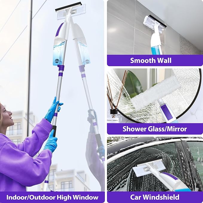 Hisucbetter 3-in-1 Window Squeegee Cleaning Kit – 60" Extension Pole, Spray Bottle and Microfiber Pads