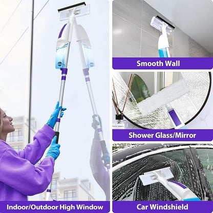 Hisucbetter 3-in-1 Window Squeegee Cleaning Kit – 60" Extension Pole, Spray Bottle and Microfiber Pads