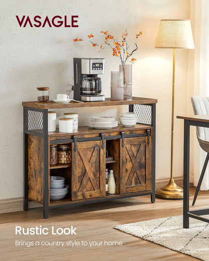 Buffet Cabinet with Sliding Barn Doors, Coffee Bar Cabinet, Sideboard Storage Cabinet with Adjustable Shelves for Dining Room, Living Room and Kitchen Rustic Brown and Ink Black LSC092B01