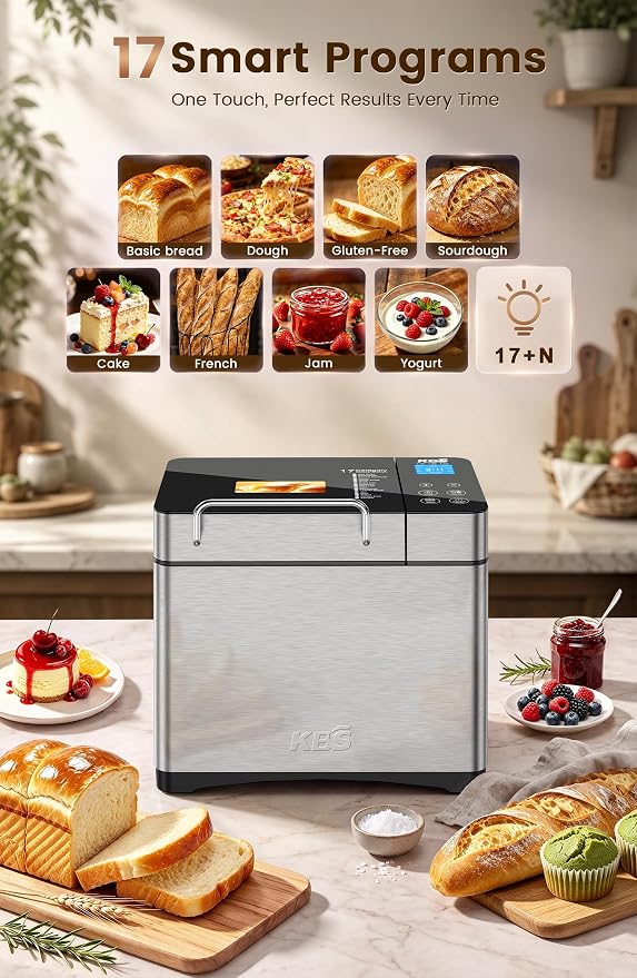 KBS 2.2LB Automatic Bread Maker Machine – 17-in-1 Stainless Steel Bread Machine with Ceramic Pan, Nut Dispenser, Gluten-Free & Sourdough Programs, 3 Loaf Sizes & 15-Hour Timer