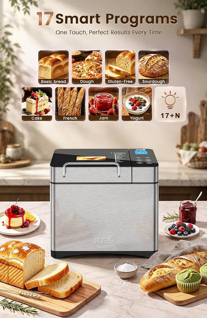 KBS 2.2LB Automatic Bread Maker Machine – 17-in-1 Stainless Steel Bread Machine with Ceramic Pan, Nut Dispenser, Gluten-Free & Sourdough Programs, 3 Loaf Sizes & 15-Hour Timer