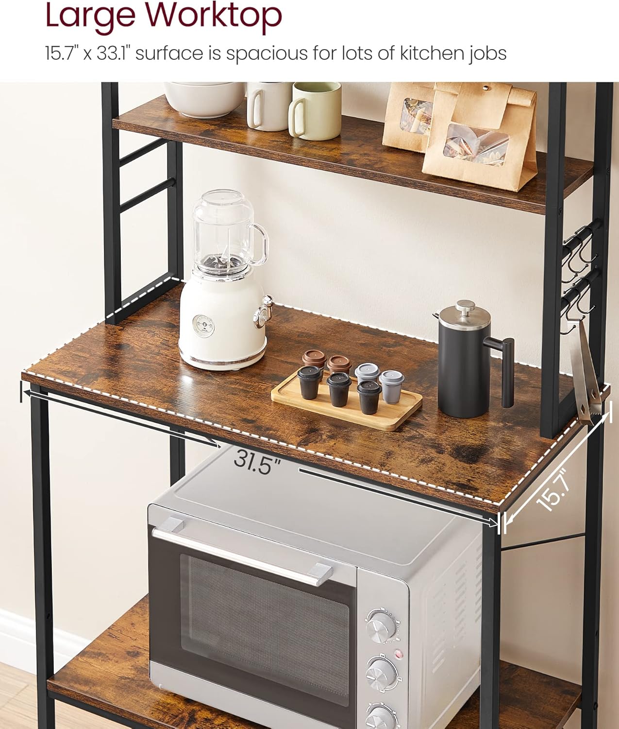 6 Tier Kitchen Baker's Rack with Adjustable Shelf, Microwave Stand, Coffee Bar Station and Storage Shelves with Hooks 31.5" Rustic Brown and Ink Black KKS019B01
