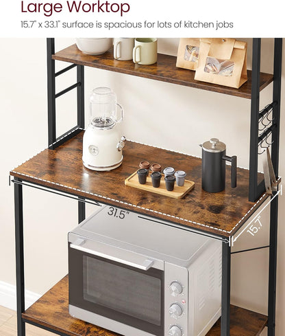6 Tier Kitchen Baker's Rack with Adjustable Shelf, Microwave Stand, Coffee Bar Station and Storage Shelves with Hooks 31.5" Rustic Brown and Ink Black KKS019B01