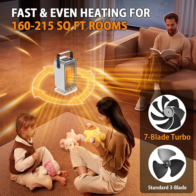 Qoosea 600W Portable Space Heater with Thermostat – PTC Ceramic Indoor Heater with 45° Adjustable Heat Direction