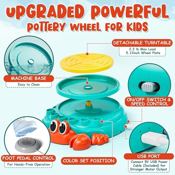 Lehoo Castle Kids Pottery Wheel Kit – USB Electric Pottery Studio with Air-Dry Clay, Paints & Sculpting Tools, Ages 6+