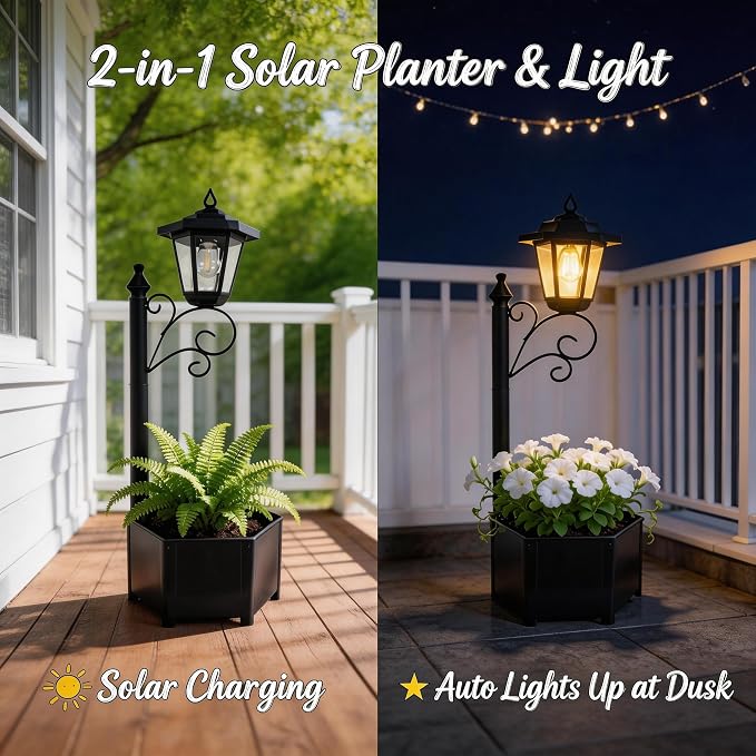 DJGIFI 29.5" Solar Lamp Post with Planter – Outdoor Waterproof Dusk-to-Dawn LED Garden Light for Patio, Yard & Pathway