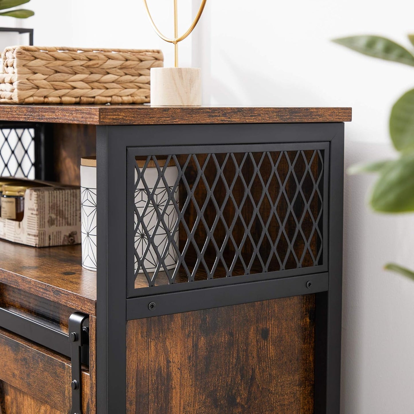 Industrial Storage Cabinet with Sliding Barn Door, Sideboard Buffet Cabinet with Adjustable Shelf and Open Storage for Entryway, Living Room, Kitchen and Office Rustic Brown and Black LSC089B01