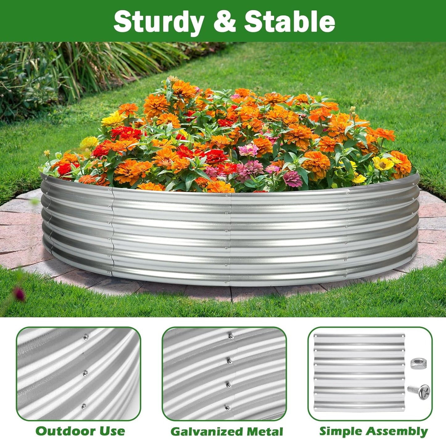 47" Round Metal Raised Garden Bed – Galvanized Steel Circular Planter for Vegetables & Flowers