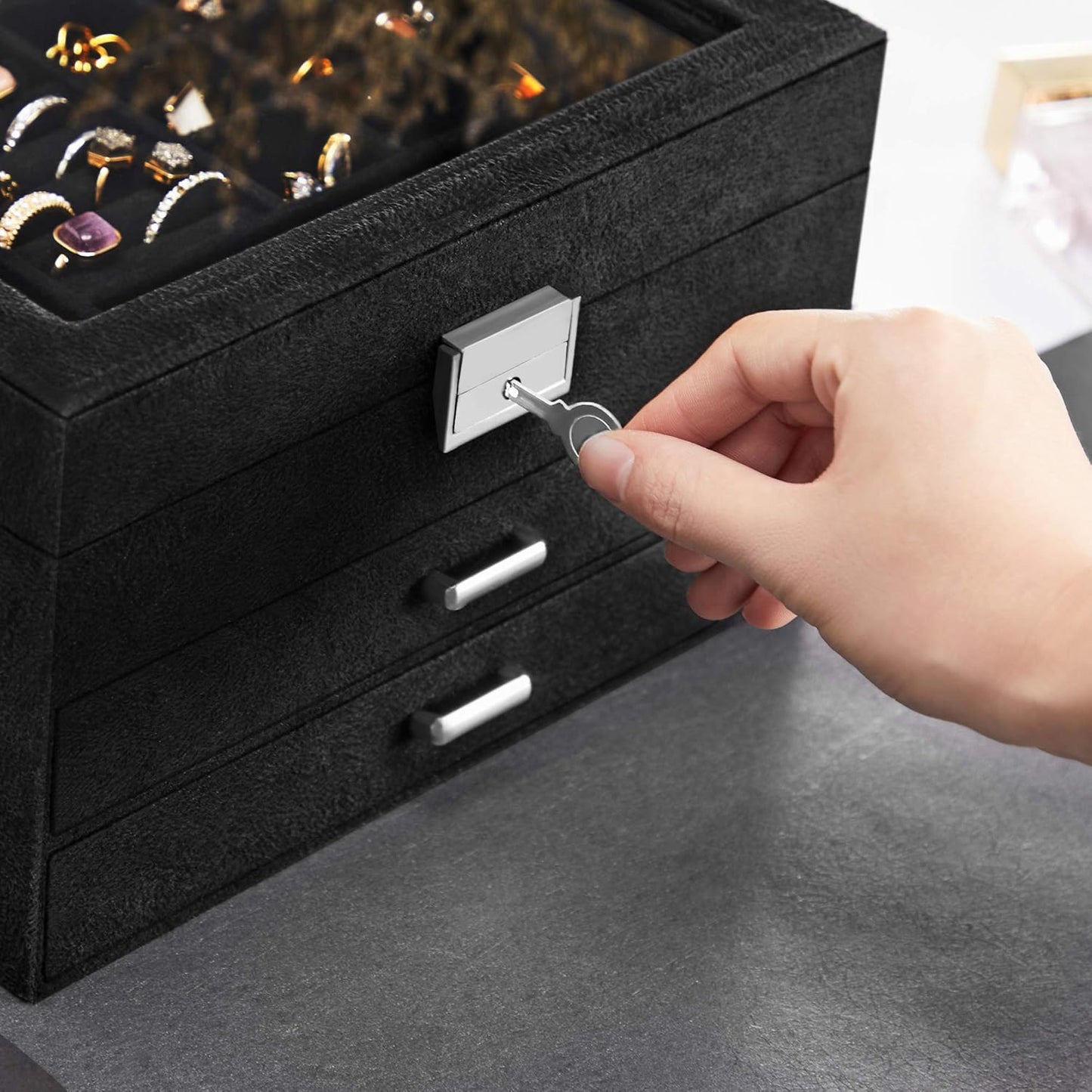 3 Tier Velvet Jewellery Box with Glass Lid, Lockable Jewellery Organizer Case for Rings, Necklaces, Bracelets, Watches and Accessories JBC158