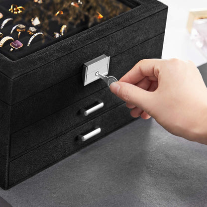 3 Tier Velvet Jewellery Box with Glass Lid, Lockable Jewellery Organizer Case for Rings, Necklaces, Bracelets, Watches and Accessories JBC158
