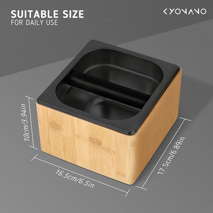 KYONANO Bamboo Espresso Knock Box – Coffee Grounds Bin with Knock Bar and Non-Slip Base
