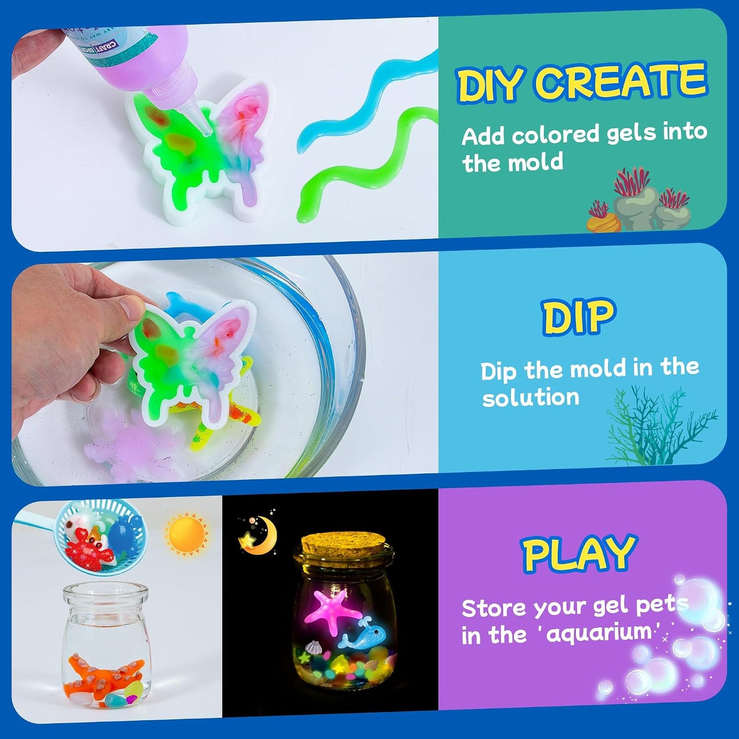JOY SPOT Glow in the Dark Water Elf Kit – DIY Magic Water Gel Craft Set with 18 Sea Creature Molds, 20 Colors & STEM Sensory Activity for Kids