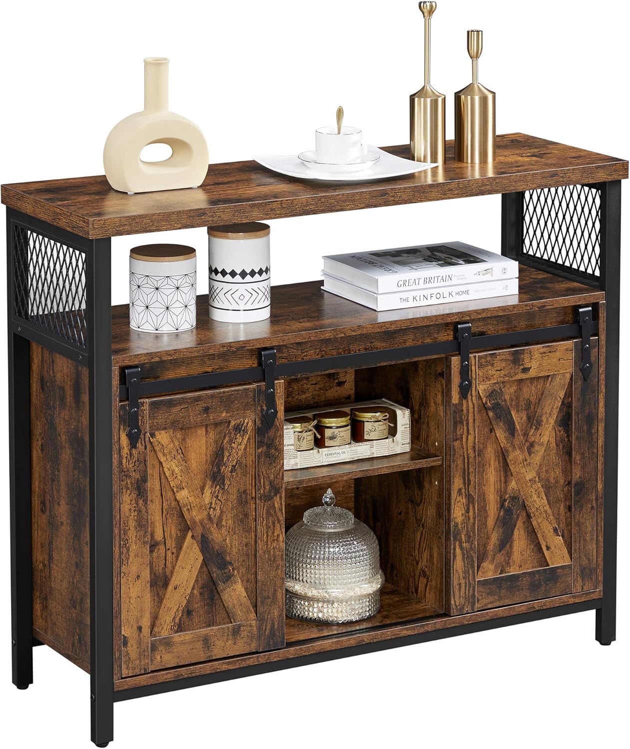 Buffet Cabinet with Sliding Barn Doors, Coffee Bar Cabinet, Sideboard Storage Cabinet with Adjustable Shelves for Dining Room, Living Room and Kitchen Rustic Brown and Ink Black LSC092B01