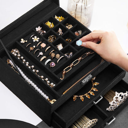 3 Tier Velvet Jewellery Box with Glass Lid, Lockable Jewellery Organizer Case for Rings, Necklaces, Bracelets, Watches and Accessories JBC158