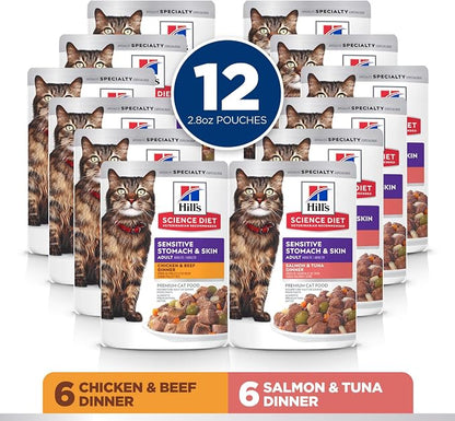 Hill’s Science Diet Sensitive Stomach & Skin Adult Wet Cat Food Variety Pack – 79.3g Pouches, Pack of 12