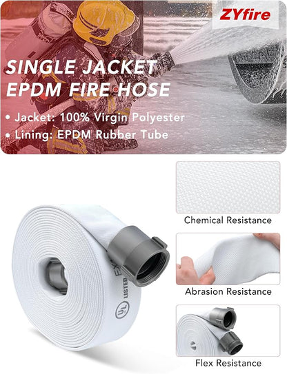 ZYfire Single-Jacket Fire Hose – Assorted Sizes & Lengths, EPDM-Lined Polyester Hose with Aluminum NST/NH or NPSH Couplings