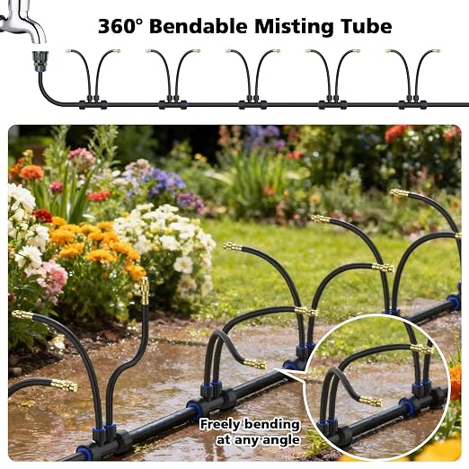 Aishkimo Drip Irrigation Kit – 40 Adjustable 360° Brass Nozzles with 2-Port Connectors & 2/5" Tubing for Garden, Greenhouse, Lawn & Flower Beds