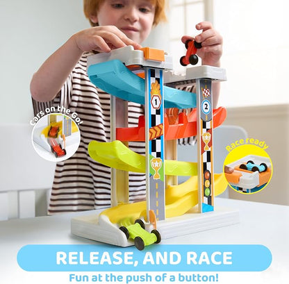 Race Track Car Ramp Toy – Toddler Montessori Car Ramp with 4 Cars and Parking Spaces, Ages 18M+
