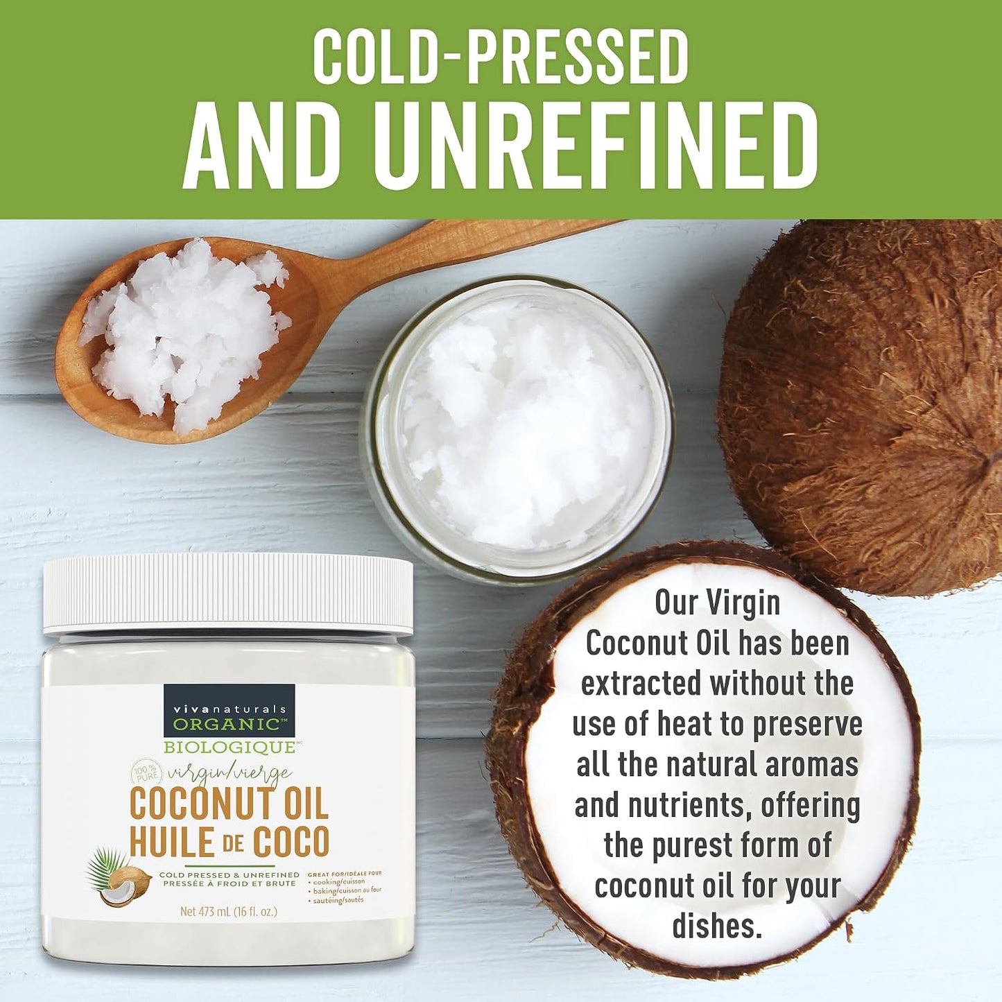 Viva Naturals Organic Virgin Coconut Oil – 16 fl oz Cold-Pressed Unrefined Coconut Oil for Cooking, Baking, Hair and Skin
