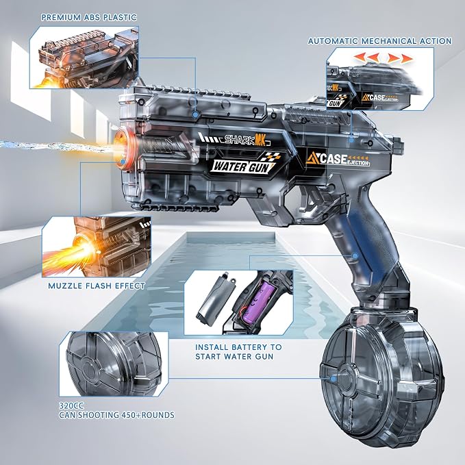 Automatic Electric Water Gun with LED Lights – 26ft Range, 500ml Drum Tank Transparent Water Blaster for Kids & Adults