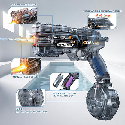 Automatic Electric Water Gun with LED Lights – 26ft Range, 500ml Drum Tank Transparent Water Blaster for Kids & Adults