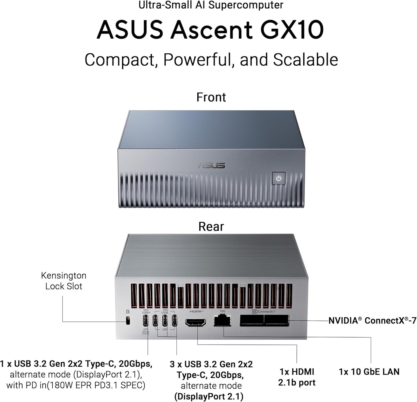 ASUS Ascent GX10 AI Supercomputer – NVIDIA GB10, 128GB Unified Memory, 1TB NVMe – Open Box