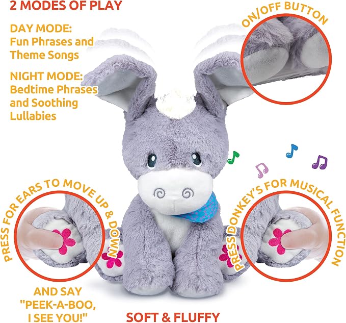 KiddoLab Peek-A-Boo Donkey Interactive Musical Plush Toy with Moving Ears, Songs & Lullabies for Babies 6+ Months
