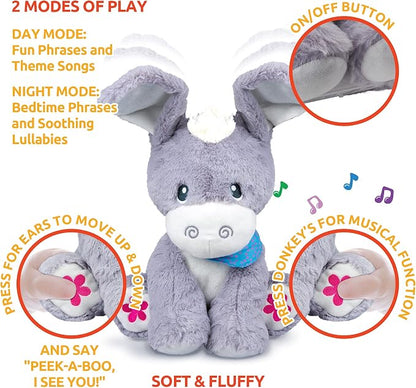 KiddoLab Peek-A-Boo Donkey Interactive Musical Plush Toy with Moving Ears, Songs & Lullabies for Babies 6+ Months