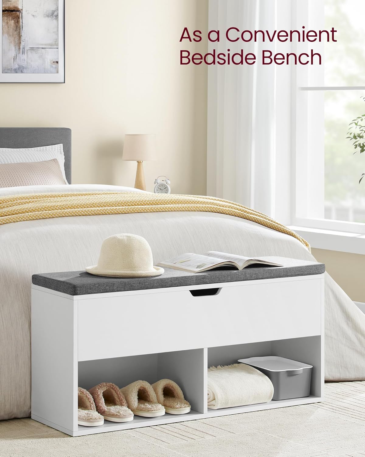 Shoe Storage Bench with Cushion Seat, Entryway Shoe Rack Organizer with Hidden Storage Compartment and Open Shelves White and Gray LHS021W01