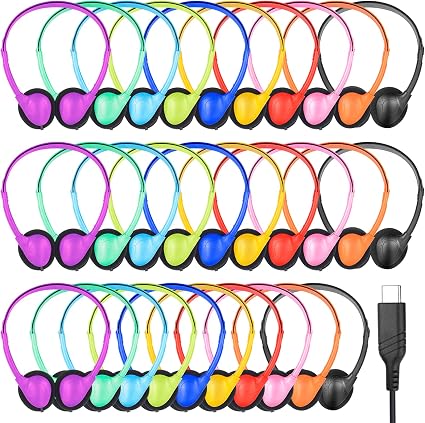 CNSZSLZ 20-Pack Classroom Headphones – USB-C & 3.5mm Wired On-Ear Student Headphones, Assorted Colors