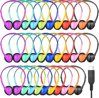 CNSZSLZ 20-Pack Classroom Headphones – USB-C & 3.5mm Wired On-Ear Student Headphones, Assorted Colors