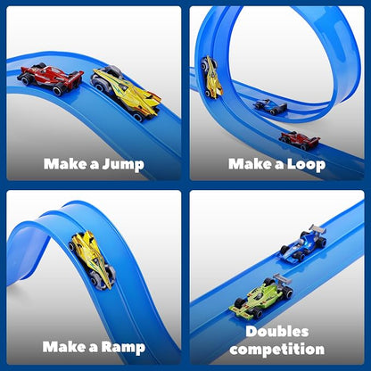 JAESITETER 15 Ft Flexible Race Car Track for Kids – Roll-Up Car Ramp with Suction Cups, Compatible with 1:64 Diecast Cars
