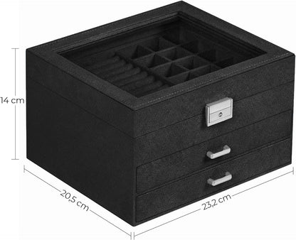 3 Tier Velvet Jewellery Box with Glass Lid, Lockable Jewellery Organizer Case for Rings, Necklaces, Bracelets, Watches and Accessories JBC158