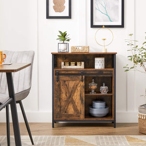 Industrial Storage Cabinet with Sliding Barn Door, Sideboard Buffet Cabinet with Adjustable Shelf and Open Storage for Entryway, Living Room, Kitchen and Office Rustic Brown and Black LSC089B01