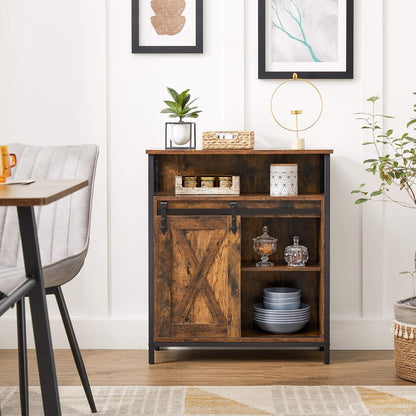 Industrial Storage Cabinet with Sliding Barn Door, Sideboard Buffet Cabinet with Adjustable Shelf and Open Storage for Entryway, Living Room, Kitchen and Office Rustic Brown and Black LSC089B01