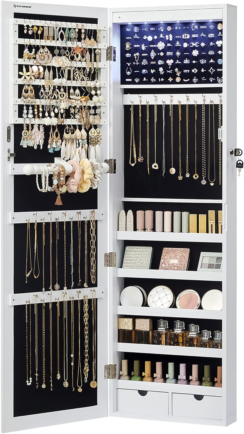Lockable Jewelry Armoire Cabinet with Full Length Mirror, LED Lights, Wall or Door Mounted Jewelry Organizer with Drawers 47.2" White JJC93W