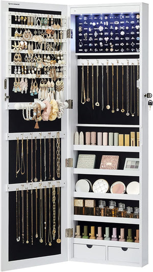 Lockable Jewelry Armoire Cabinet with Full Length Mirror, LED Lights, Wall or Door Mounted Jewelry Organizer with Drawers 47.2" White JJC93W