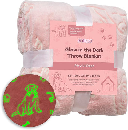 Bollepo Glow in the Dark Puppy Throw Blanket – 50" x 60" Soft Pink Plush Fleece Blanket with Glowing Dog Print for Kids, Teens & Dog Lovers