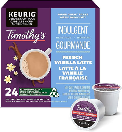Timothy’s French Vanilla Latte K-Cup Coffee Pods – Medium Roast Flavoured Coffee for Keurig Brewers, 24 Count