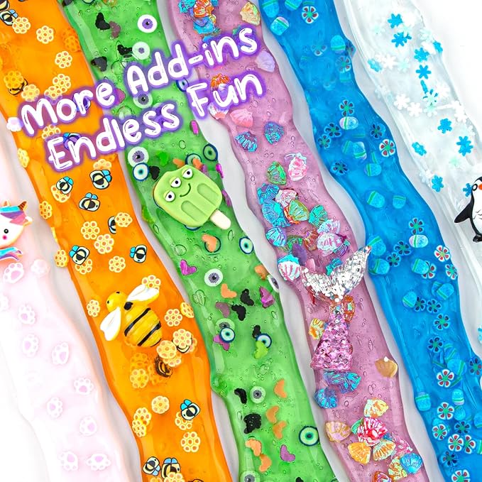 Okaybee Clear Slime Kit for Kids – 6-Pack 600ml Colourful Stretchy Slime with 13 Add-In Packs, Jelly Cube & Crunchy Sensory Slime, Ages 3+
