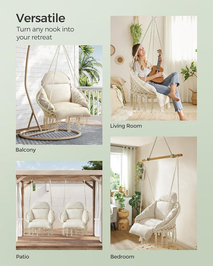NEW Boho Hanging Hammock Chair with Thick Cushion, Indoor Outdoor Swing Chair for Bedroom, Balcony, Patio and Garden, Holds 264 lb Cream White GDC042M01V3