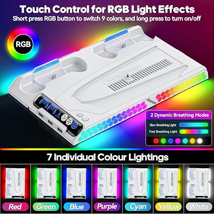Tokluck PS5 Cooling Stand & Controller Charging Station – Vertical Dock with Auto Temperature-Controlled Fan, 9 RGB Lighting Modes & USB Hub for PS5, PS5 Slim and PS5 Pro