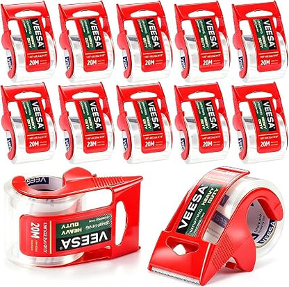 VEESA Heavy Duty Packing Tape Dispenser with 12 Rolls Clear Packing Tape – 2 Inch Shipping Tape Gun, Carton Sealing Tape for Moving, Packaging, Warehouse, Office & Ecommerce Shipping