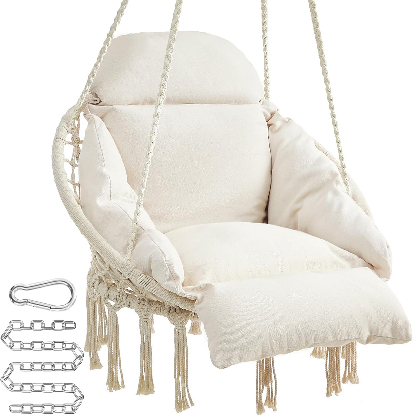 NEW Boho Hanging Hammock Chair with Thick Cushion, Indoor Outdoor Swing Chair for Bedroom, Balcony, Patio and Garden, Holds 264 lb Cream White GDC042M01V3
