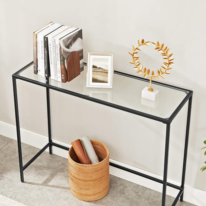 Console Table with Tempered Glass Top, Entryway Table, Sofa Table for Hallway, Living Room and Foyer Ink Black and Clear Glass LGT026B01