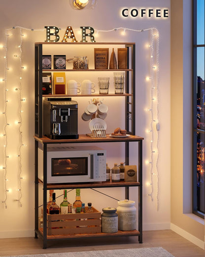 6 Tier Kitchen Baker's Rack with Adjustable Shelf, Microwave Stand, Coffee Bar Station and Storage Shelves with Hooks 31.5" Rustic Brown and Ink Black KKS019B01
